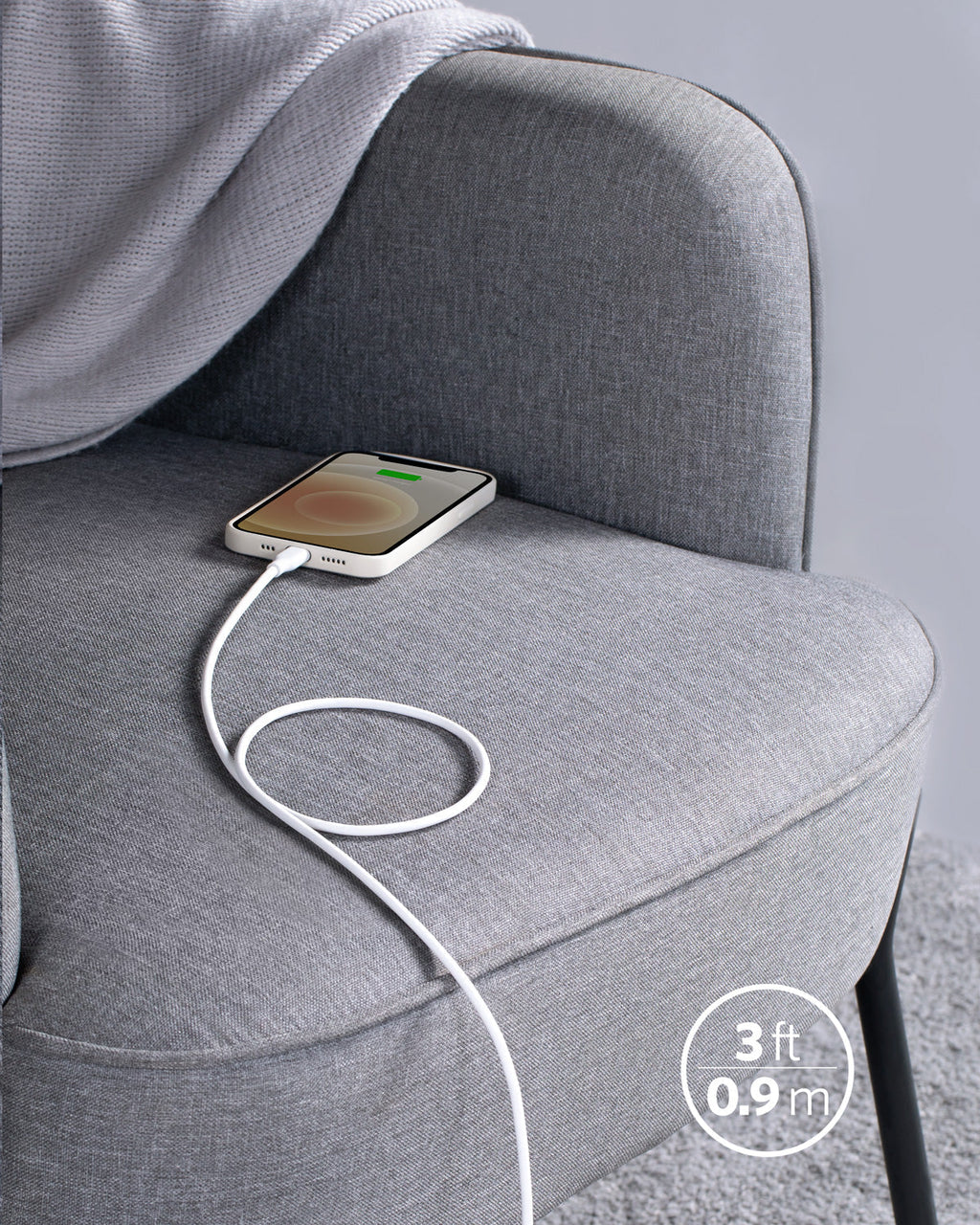 Anker cable for charging phone on sofa with 3 ft length